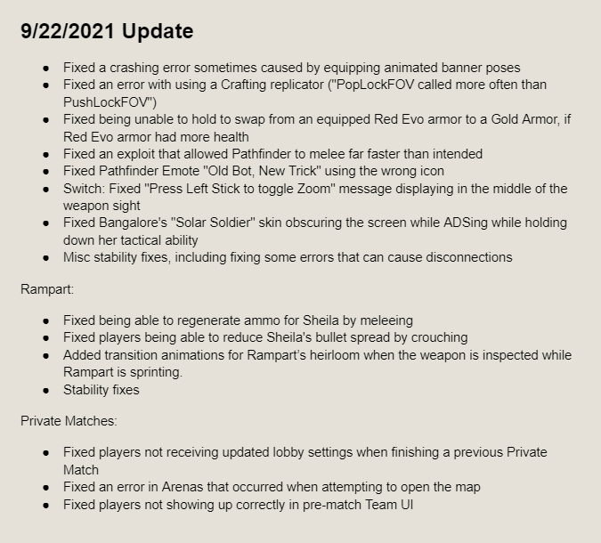 Apex Legends 22nd September Update